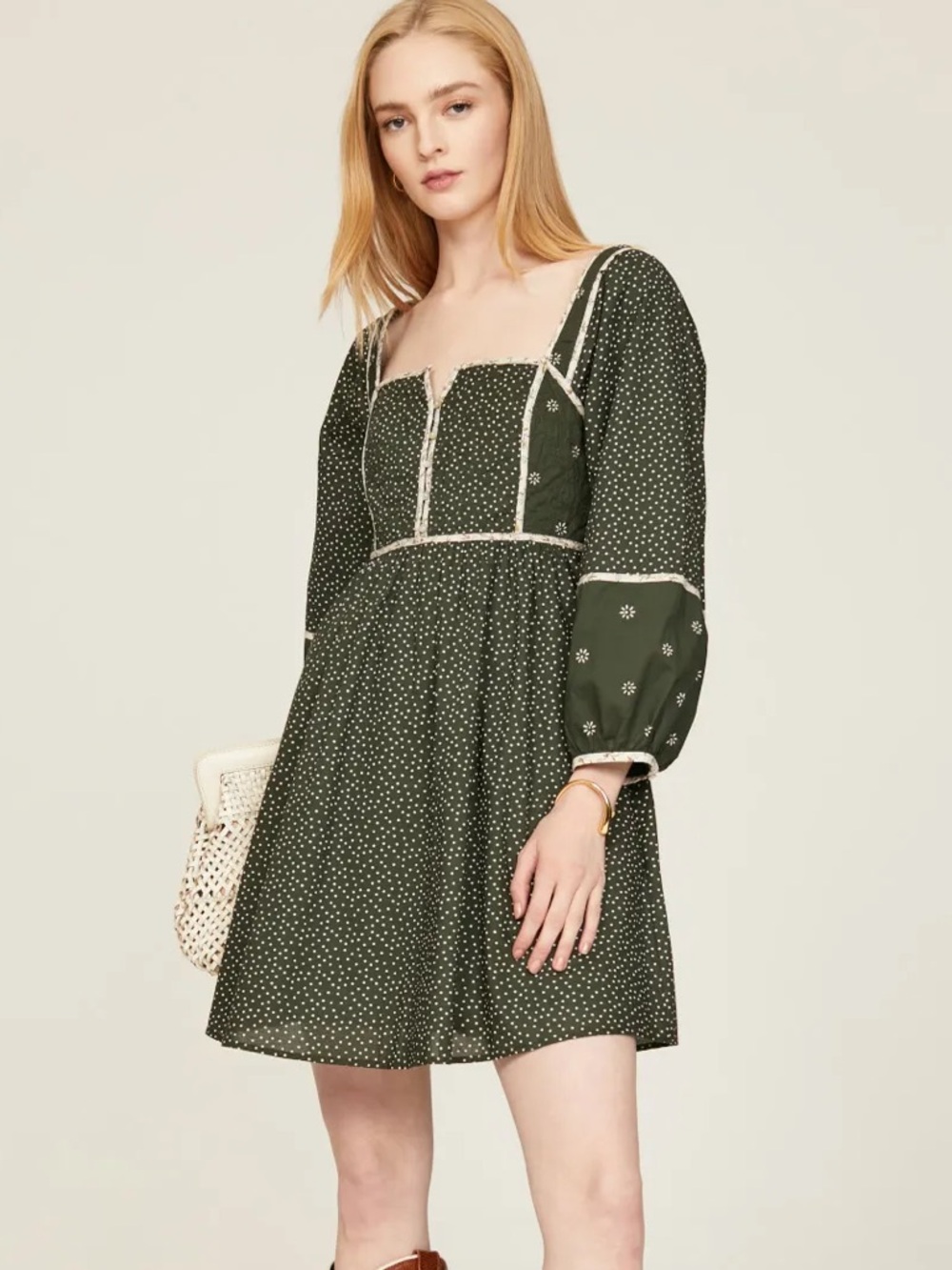 Madewell Olive Dot Square-Neck Mini Dress N1681